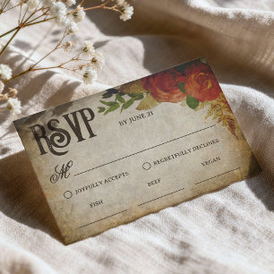 Rote Rosensträuße Vintage Hochzeitsmenüauswahl RSVP Karte