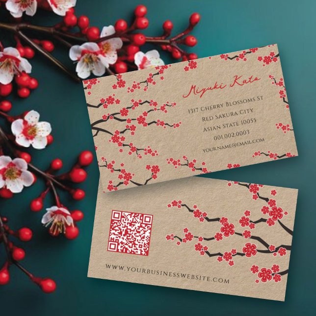 Rote Sakura Blume Orientales Kirschblüten Asien Visitenkarte (Red Sakura Flowers Oriental Cherry Blossoms Asian Business Card @ fat_fa_tin)