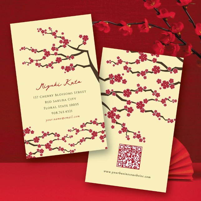 Rote Sakura-Blume Orientalischer Kirschblüten Visitenkarte (Red Sakura Spring Flowers Oriental Chic Asian Cherry Blossoms Business Card @ fatfatin)
