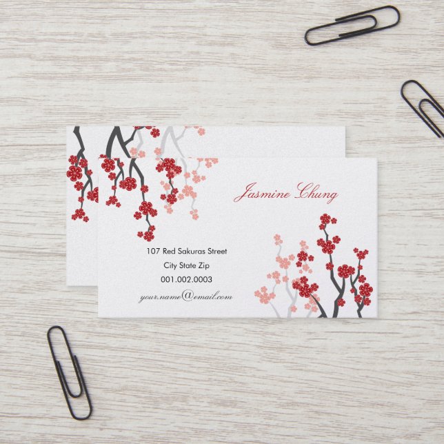 Rote Sakura Kirschblüten Orientalischer Zen Visitenkarte (Vorderseite/Rückseite Beispiel)