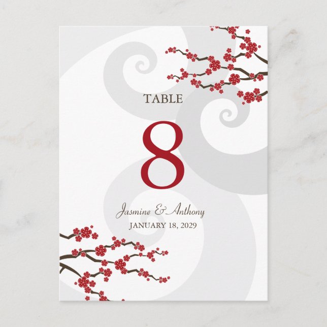 Rote Sakura Kirschblüten Wirbel Hochzeitstisch Nu Postkarte (Vorderseite)