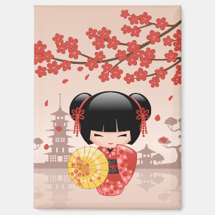 Rote Sakura Kokeshi Puppe - Japanische Geisha Magnet