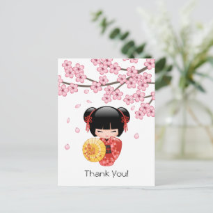 Rote Sakura Kokeshi-Puppe - Süße Geisha Danke Postkarte
