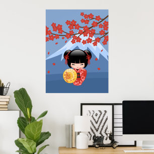 Rote Sakura-Kokeshi-Puppe - Süßes Geisha-Mädchen Poster