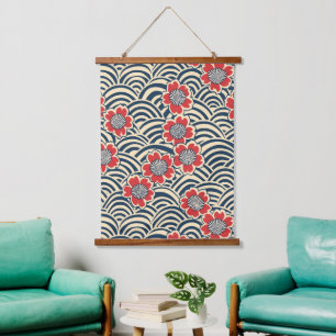 Rote Sakura-Navy-Welle-Cream-Japanisches Muster Wandteppich Mit Holzrahmen