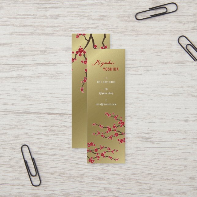 Rote Sakura Orientalische Kirschblüten Stilvolle G Mini Visitenkarte (Vorderseite/Rückseite Beispiel)