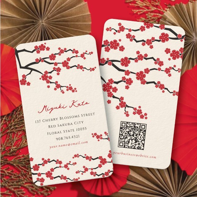 Rote Sakura Orientalische Kirsche Visitenkarte (Elegant Red Sakura Flowers Modern Oriental Chic Cherry Blossoms Business / Profile Card @ fatfatin)