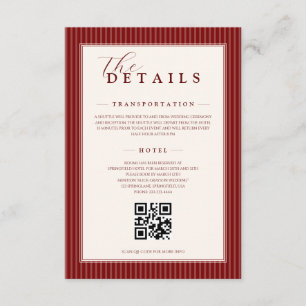 Rote Samt-Klassiker-gestreifte Hochzeits-QR-Detail Begleitkarte