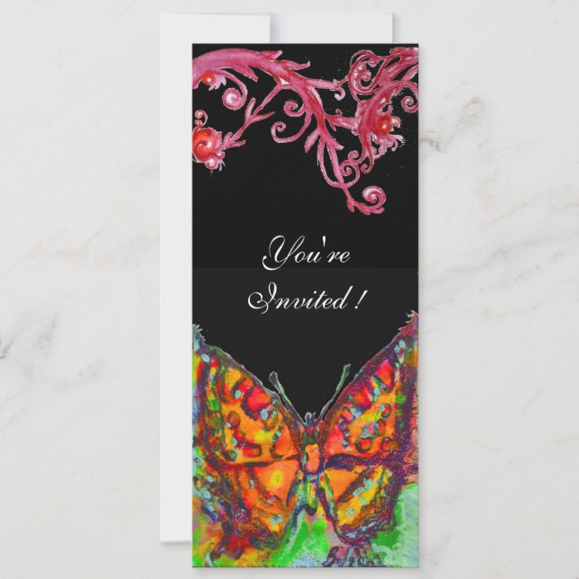 ROTE SCHALTFLÄCHE, FLORALLE WIRBEL Gelbschwarz Einladung (Vorderseite)