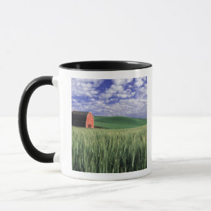Rote Scheune auf einem Weizen- und Gerstenfeld in Tasse