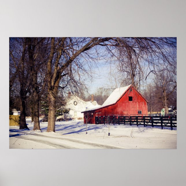 Rote Scheune im Schnee Poster (Vorne)