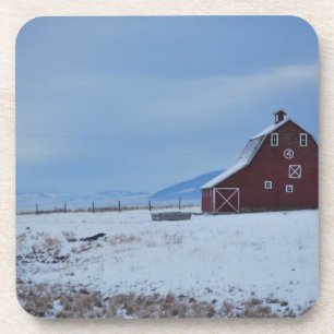 Rote Scheune in den Rocky Mountains im Winter Untersetzer