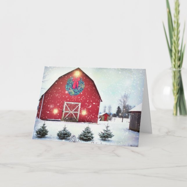 Rote Scheune mit Weihnachtskranz Feiertagskarte (Vorderseite)