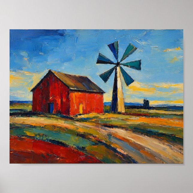 Rote Scheune und Windmühle Abstrakte Kunstmalerei Poster (Vorne)