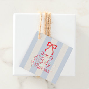 Rote Schleife & blassblaue Streifen Baby Shower Geschenkanhänger