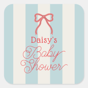 Rote Schleife & Blaue Streifen Baby Shower Quadratischer Aufkleber