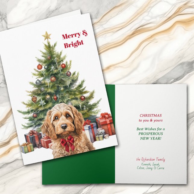Rote Schleife Cockapoo Hund Weihnachtsbaum Karte (Von Creator hochgeladen)