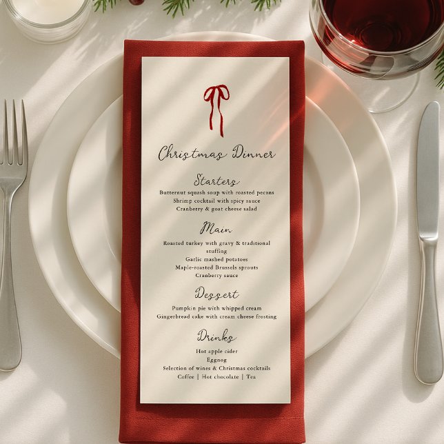 Rote Schleife, Handgezeichnetes Weihnachtsessen  Menükarte (Von Creator hochgeladen)