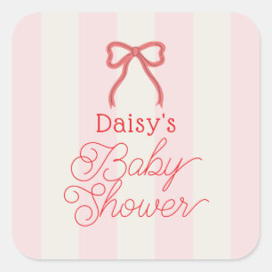 Rote Schleife & rosa Streifen Baby-Party Quadratischer Aufkleber