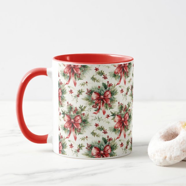 Rote Schleifen und Stechpalmenblätter Tasse (Mit Donut)