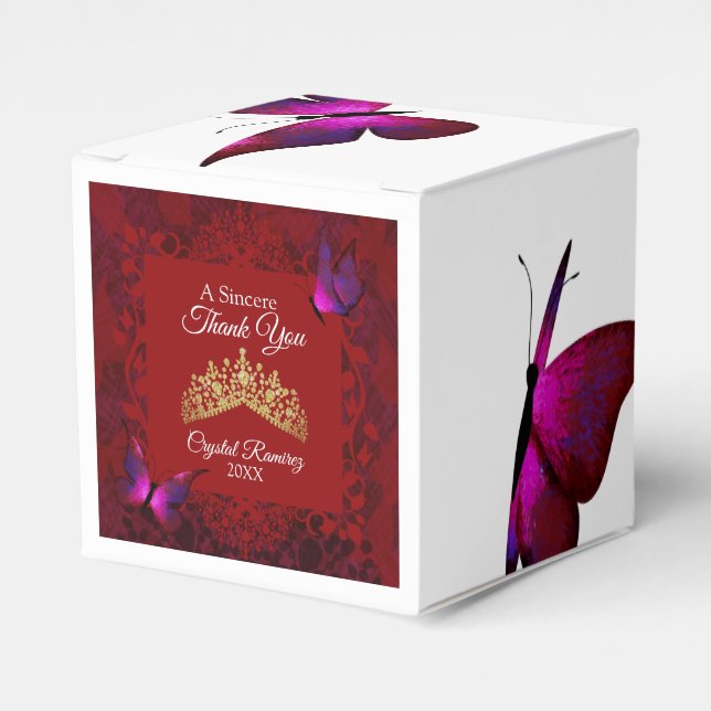 Rote Schmetterlinge, Gold Tiara Quinceanera Gefäll Geschenkschachtel (Vorderseite)