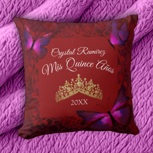 Rote Schmetterlinge, Gold Tiara Quinceanera Pillow Kissen (red and gold quinceanera throw pillow, mis quince keepsake, gift for red quinceanera theme)