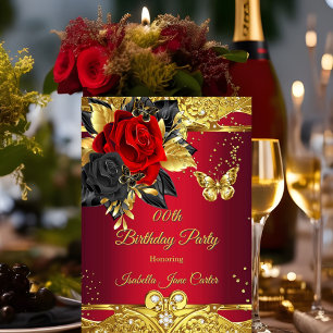 Rote Schmetterlinge Rose Blumen Gold Geburtstagsfe Einladung