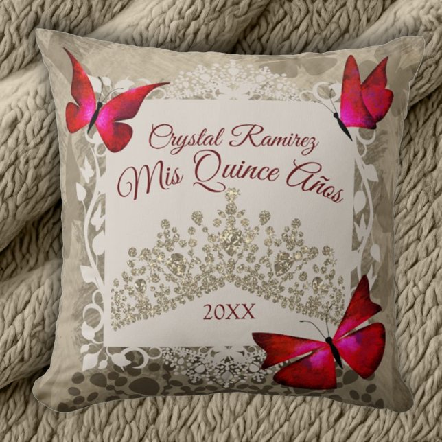 Rote Schmetterlinge, Taupe Tiara Quinceanera Pillo Kissen (Beige and red quinceanera throw pillow, beautiful red butterflies and border, gold tiara)