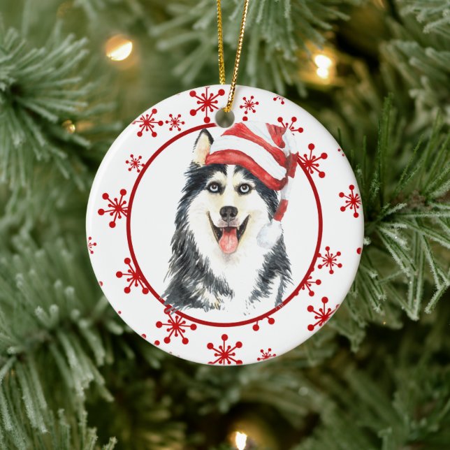 Rote Schneeflocke der Siberischen Weihnachtsmannmü Keramik Ornament (Baum)