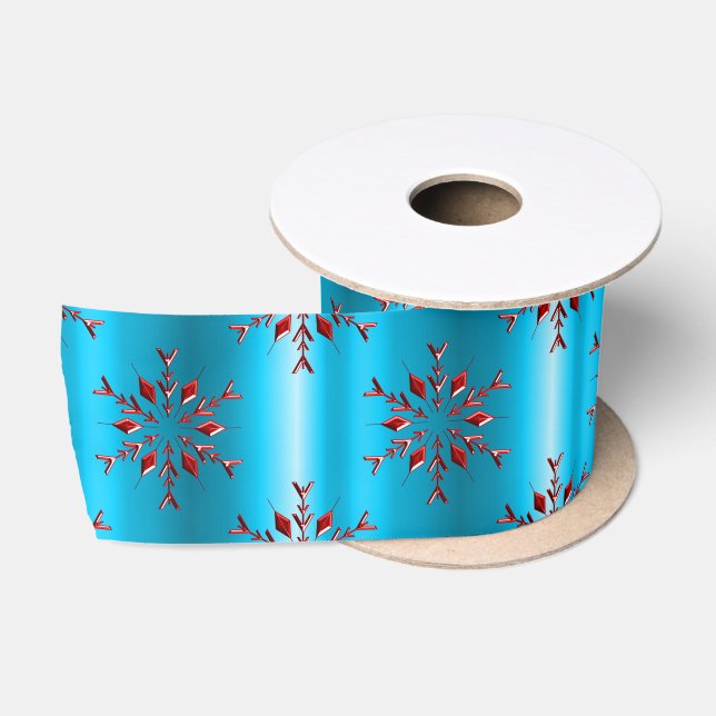 Rote Schneeflocken auf Blue Christmas Satinband (Spule)