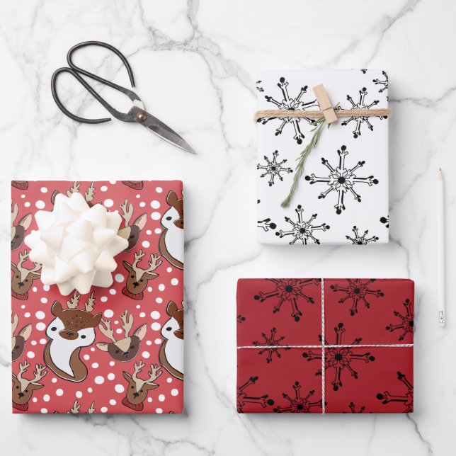 Rote Schneeflocken Geschenkpapier Set (Vorderseite)