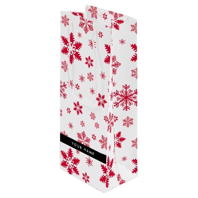 Rote Schneeflocken, Ihr Name, Personalisieren Geschenktüte Für Weinflaschen (Vorderseite Schrägansicht)