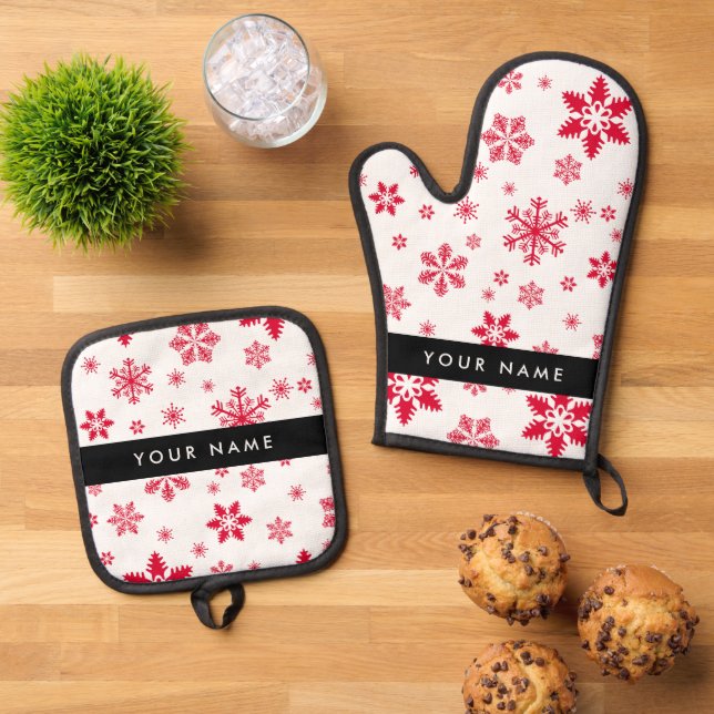 Rote Schneeflocken, Ihr Name, Personalisieren Ofenhandschuh & Topflappen-Set (Oben Unten)