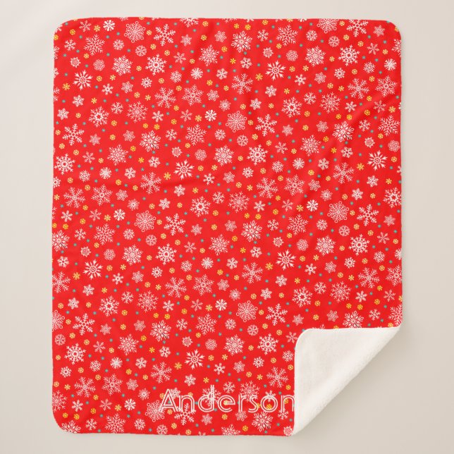 Rote Schneeflocken Moderne Elegante Personalisiert Sherpadecke (Vorderseite)