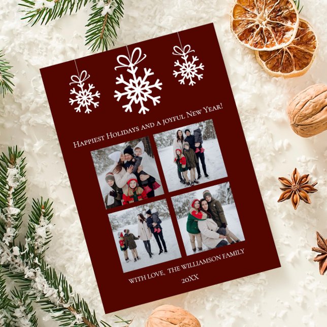 Rote Schneeflocken Ornamente FotoCollage Feiertagskarte (Red Snowflake Ornaments Photo Collage Holiday Card)