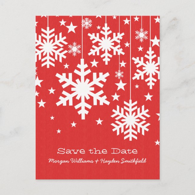 Rote Schneeflocken Save the Date Postkarte (Vorderseite)