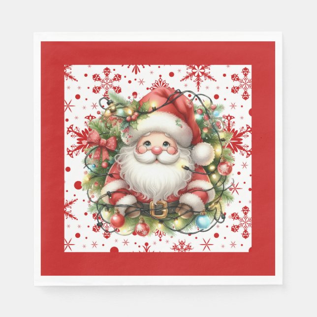 Rote Schneeflocken und Santa Paper Napkin Serviette (Vorderseite)