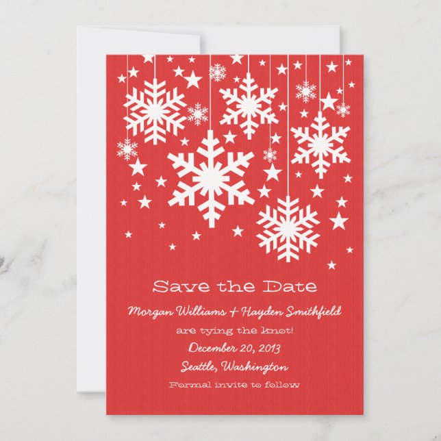 Rote Schneeflocken und Sterne Save the Date laden  (Vorderseite)
