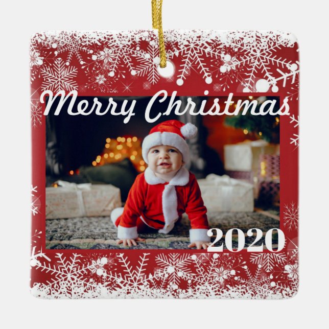 Rote Schneeflocken Weihnachten Foto 2 Seiten Moder Keramikornament (Vorderseite)