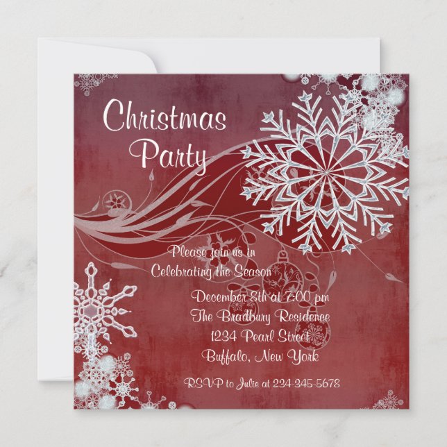 Rote Schneeflocken Weihnachten Party Einladungen (Vorderseite)