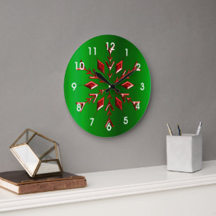 Rote Schneeflocken zu Grünen Weihnachten Große Wanduhr