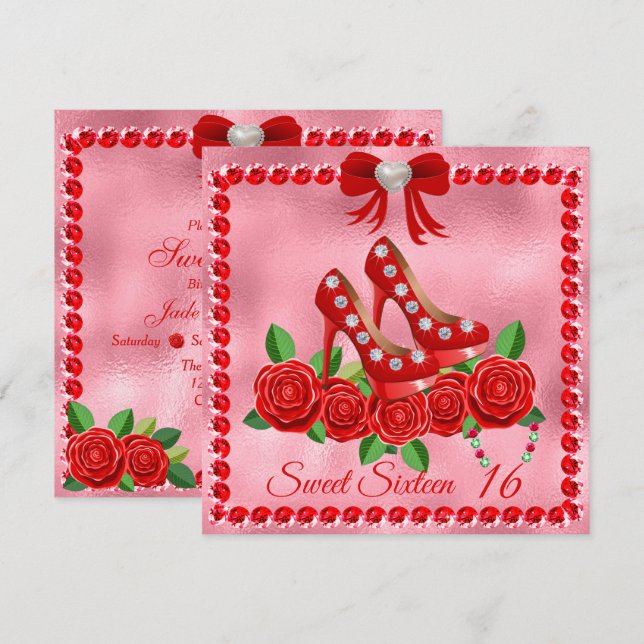 Rote Schuhe, Juwelen und Rose Blume 16 . Geburtsta Einladung (Vorne/Hinten)