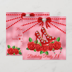 Rote Schuhe, Juwelen und Rose Blume 18. Geburtstag Einladung