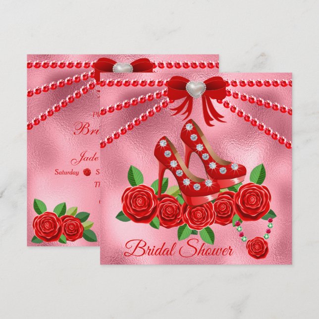 Rote Schuhe, Juwelen und Rose Blume Brautparty Einladung (Vorne/Hinten)