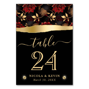 Rote Schwarz-Gold-Marmor-Blumen-Hochzeit Tischnummer