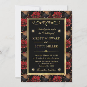 Rote Schwarz-Gold-Marmor-Blumenhochzeit Einladung