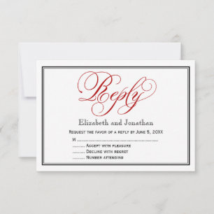 Rote Schwarz-Weiß-Kalligrafie-Antwort-Karte RSVP Karte