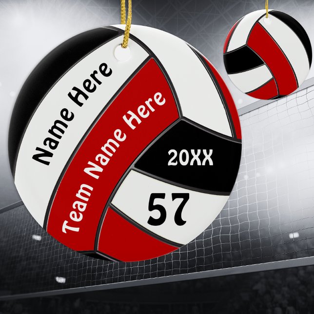 Rote Schwarz-weiße Personalisierte Volleyball-Orna Keramik Ornament (Personalized, Volleyball Ornaments. Nice, Volleyball Christmas gifts. Volleyball Team Gift Ideas.)