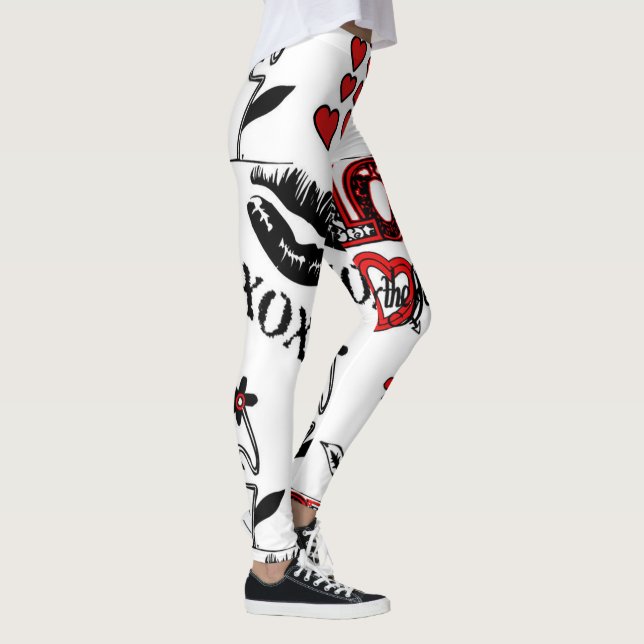 Rote Schwarz-weiße Valentine-Motiv-Leggings Leggings (Rechts)
