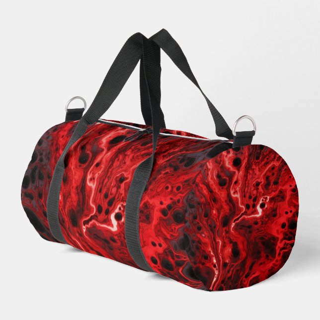 Rote schwarze abstrakte Wirbel-Wochenendertasche Duffle Bag (Linke Seite)